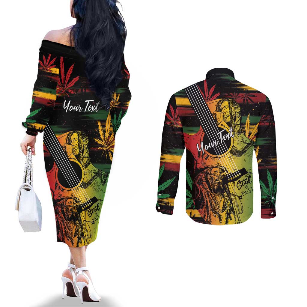 Personalised Reggae Soul Couples Matching Off The Shoulder Long Sleeve Dress and Long Sleeve Button Shirt Sketch Style