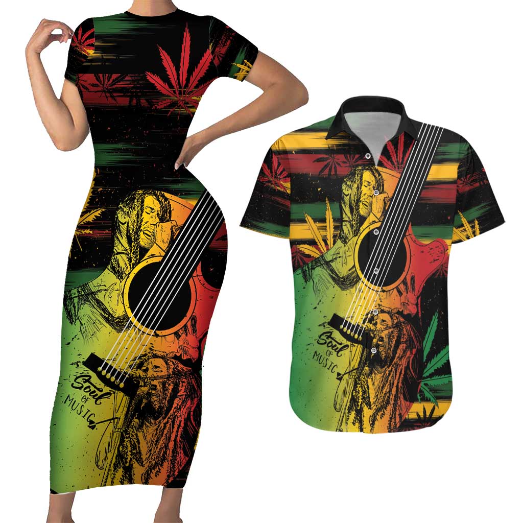 Personalised Reggae Soul Couples Matching Short Sleeve Bodycon Dress and Hawaiian Shirt Sketch Style LT7 - Wonder Print Shop