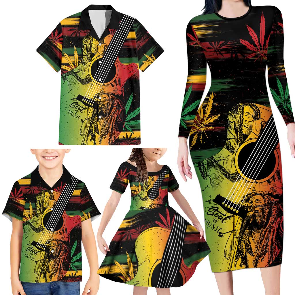 Personalised Reggae Soul Family Matching Long Sleeve Bodycon Dress and Hawaiian Shirt Sketch Style LT7 - Wonder Print Shop
