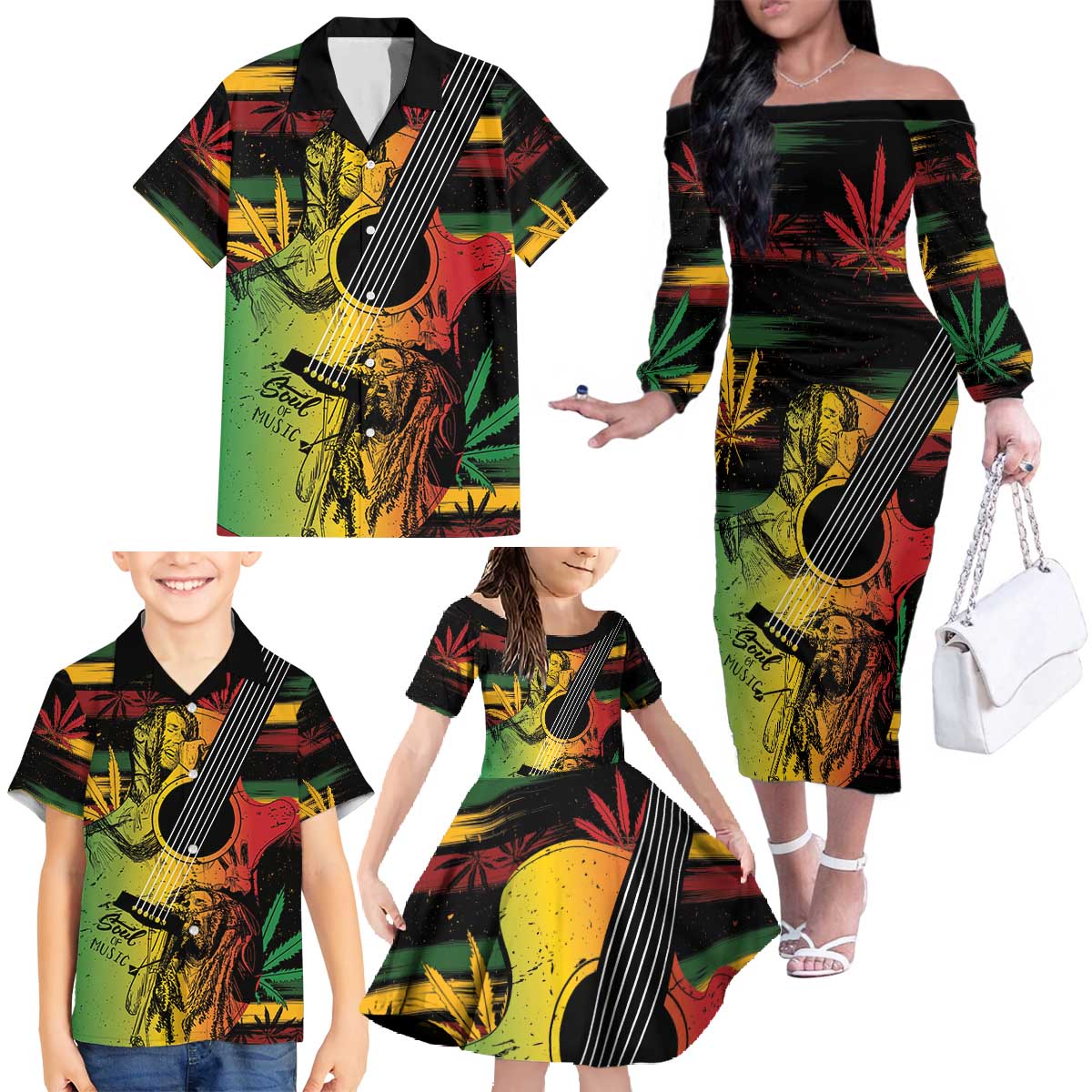Personalised Reggae Soul Family Matching Off The Shoulder Long Sleeve Dress and Hawaiian Shirt Sketch Style - Wonder Print Shop