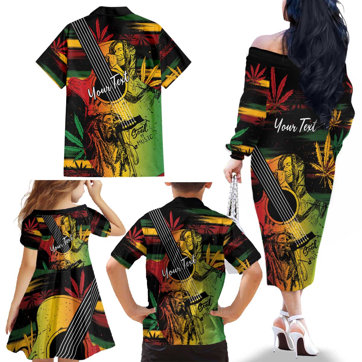Personalised Reggae Soul Family Matching Off The Shoulder Long Sleeve Dress and Hawaiian Shirt Sketch Style - Wonder Print Shop