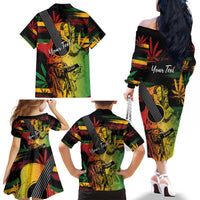 Personalised Reggae Soul Family Matching Off The Shoulder Long Sleeve Dress and Hawaiian Shirt Sketch Style - Wonder Print Shop