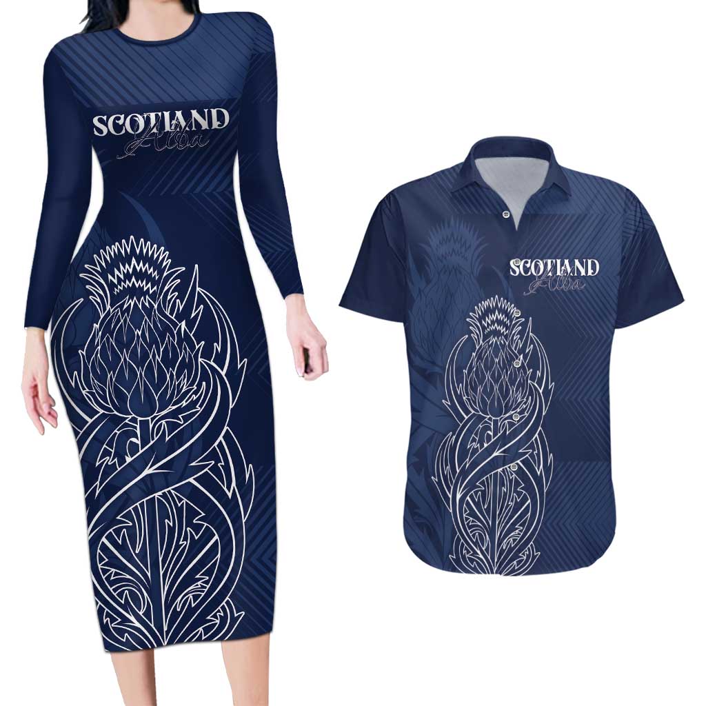 Scotland Rugby Personalized Couples Matching Long Sleeve Bodycon Dress and Hawaiian Shirt Thistle Royal Style