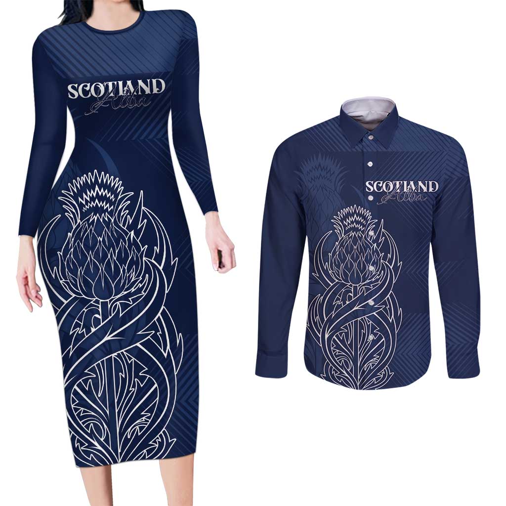 Scotland Rugby Personalized Couples Matching Long Sleeve Bodycon Dress and Long Sleeve Button Shirt Thistle Royal Style