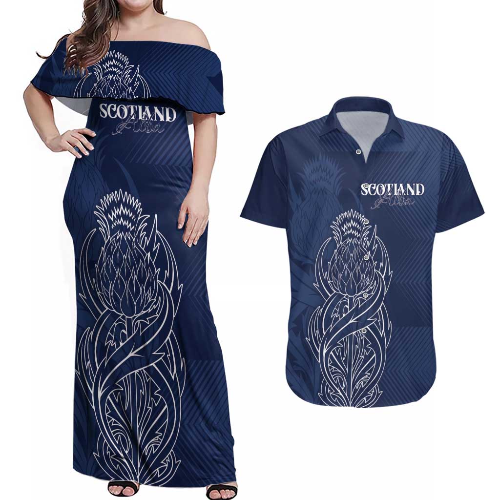 Scotland Rugby Personalized Couples Matching Off Shoulder Maxi Dress and Hawaiian Shirt Thistle Royal Style