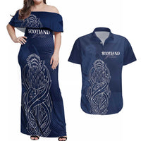 Scotland Rugby Personalized Couples Matching Off Shoulder Maxi Dress and Hawaiian Shirt Thistle Royal Style