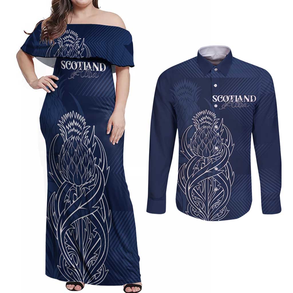 Scotland Rugby Personalized Couples Matching Off Shoulder Maxi Dress and Long Sleeve Button Shirt Thistle Royal Style
