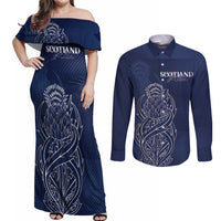 Scotland Rugby Personalized Couples Matching Off Shoulder Maxi Dress and Long Sleeve Button Shirt Thistle Royal Style