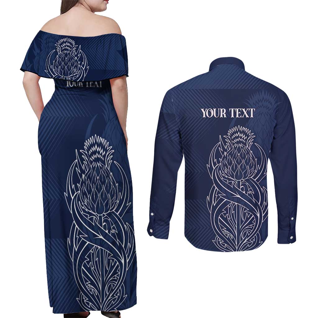 Scotland Rugby Personalized Couples Matching Off Shoulder Maxi Dress and Long Sleeve Button Shirt Thistle Royal Style