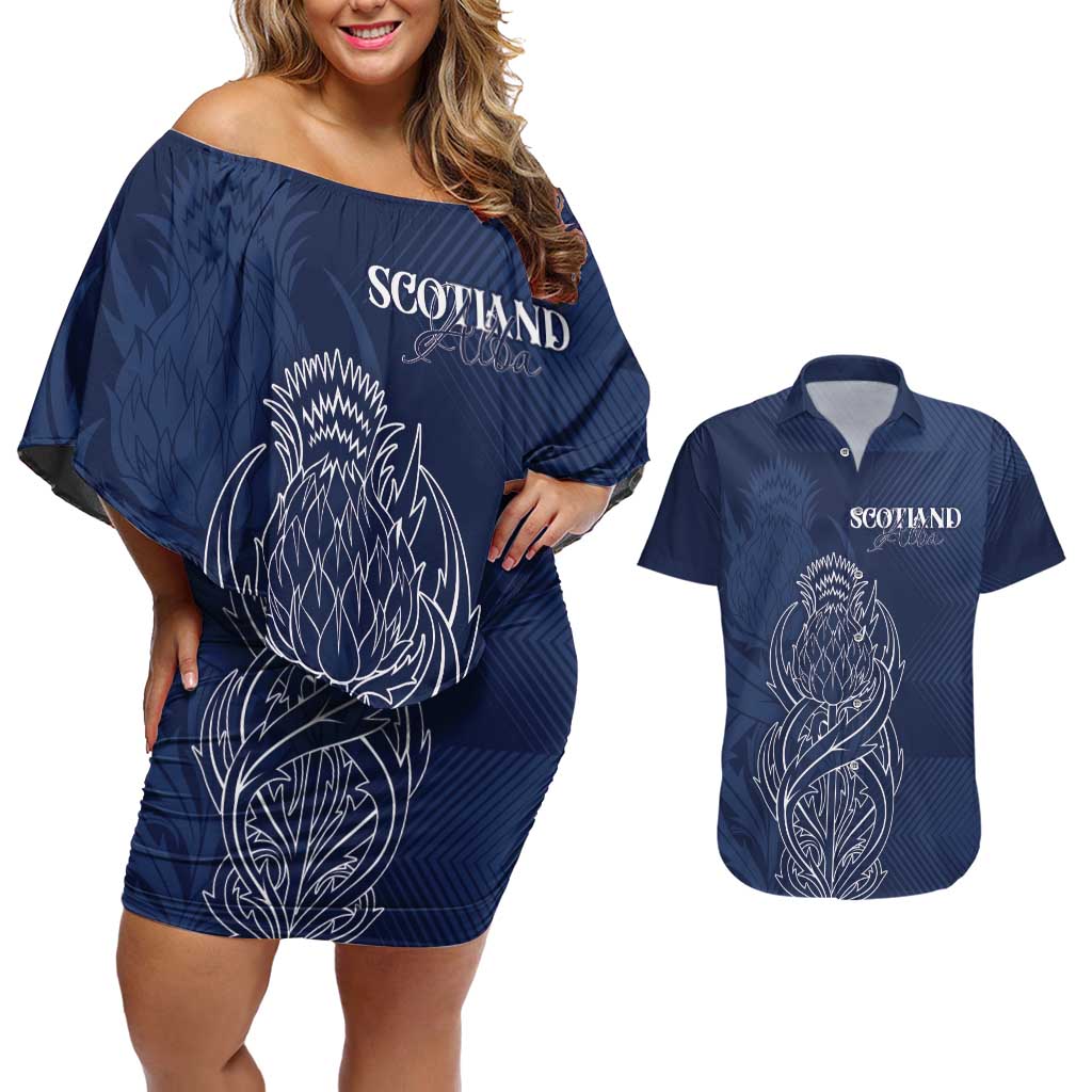 Scotland Rugby Personalized Couples Matching Off Shoulder Short Dress and Hawaiian Shirt Thistle Royal Style