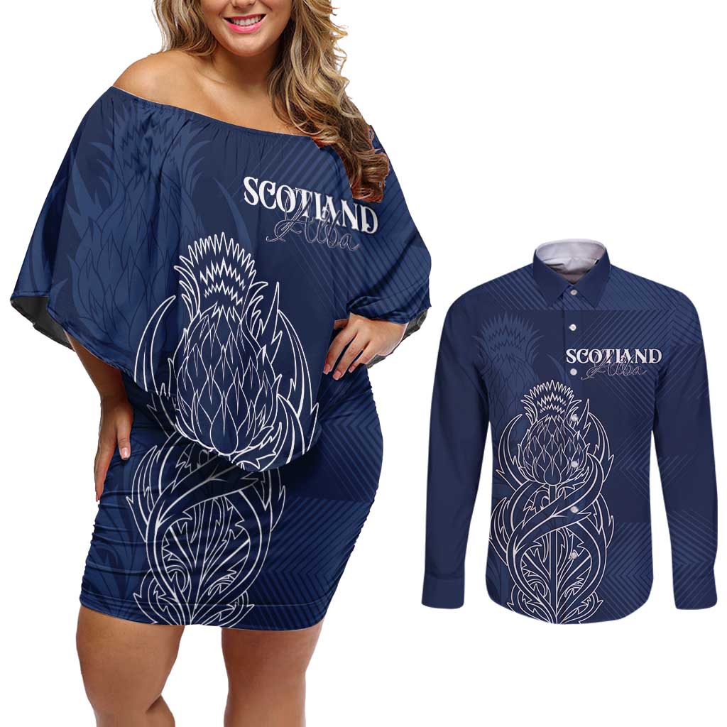 Scotland Rugby Personalized Couples Matching Off Shoulder Short Dress and Long Sleeve Button Shirt Thistle Royal Style