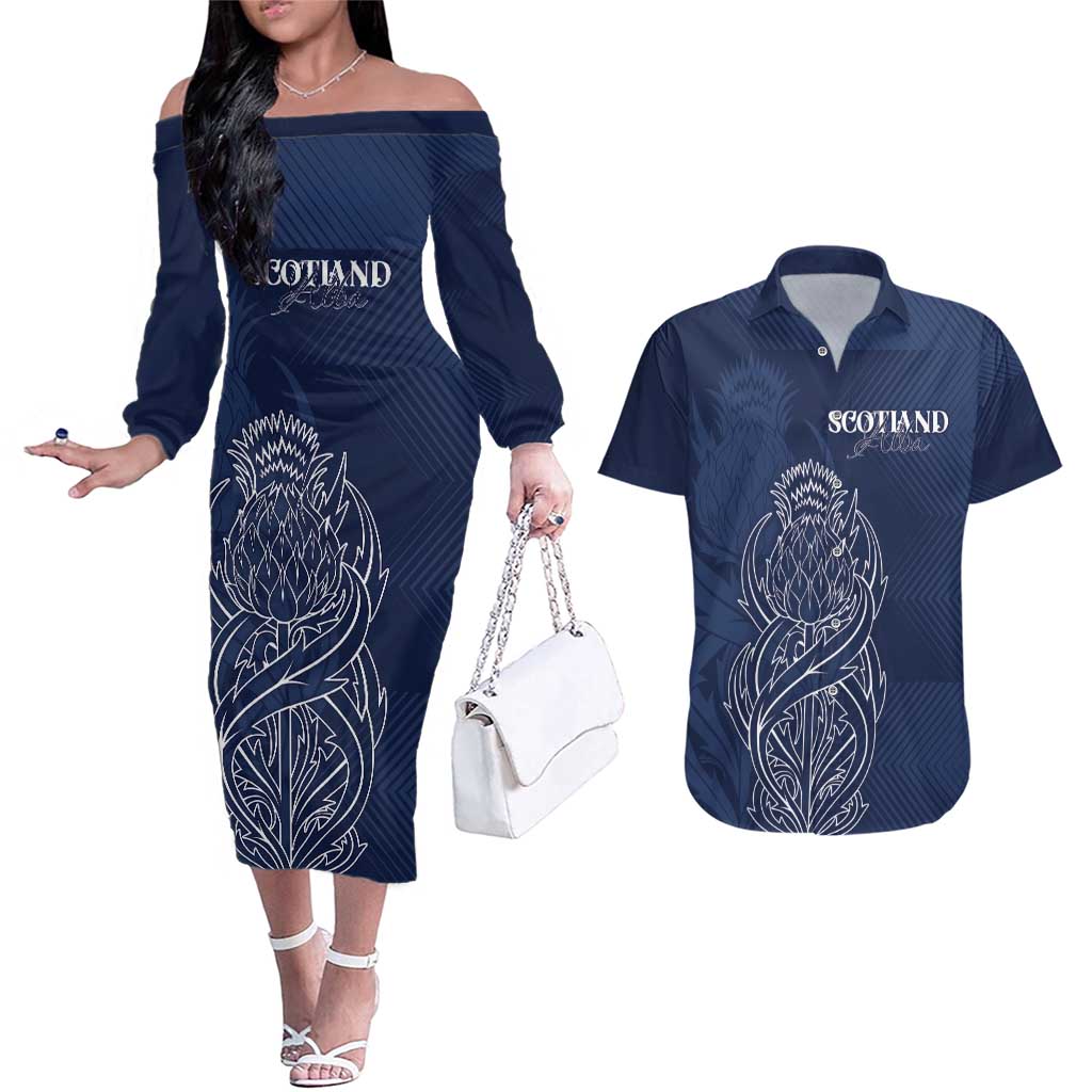 Scotland Rugby Personalized Couples Matching Off The Shoulder Long Sleeve Dress and Hawaiian Shirt Thistle Royal Style