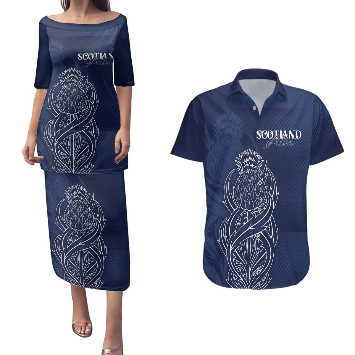 Scotland Rugby Personalized Couples Matching Puletasi and Hawaiian Shirt Thistle Royal Style