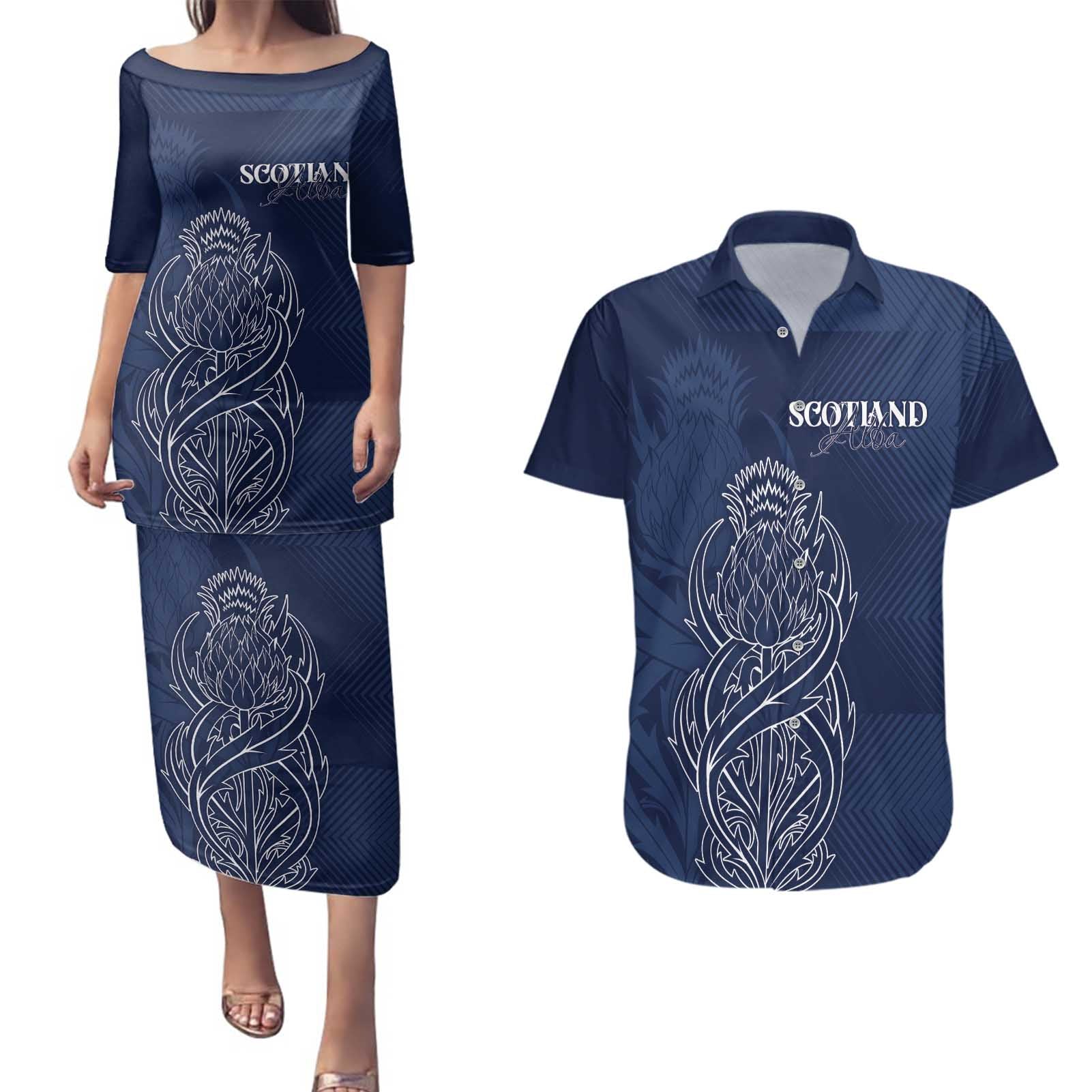 Scotland Rugby Personalized Couples Matching Puletasi and Hawaiian Shirt Thistle Royal Style