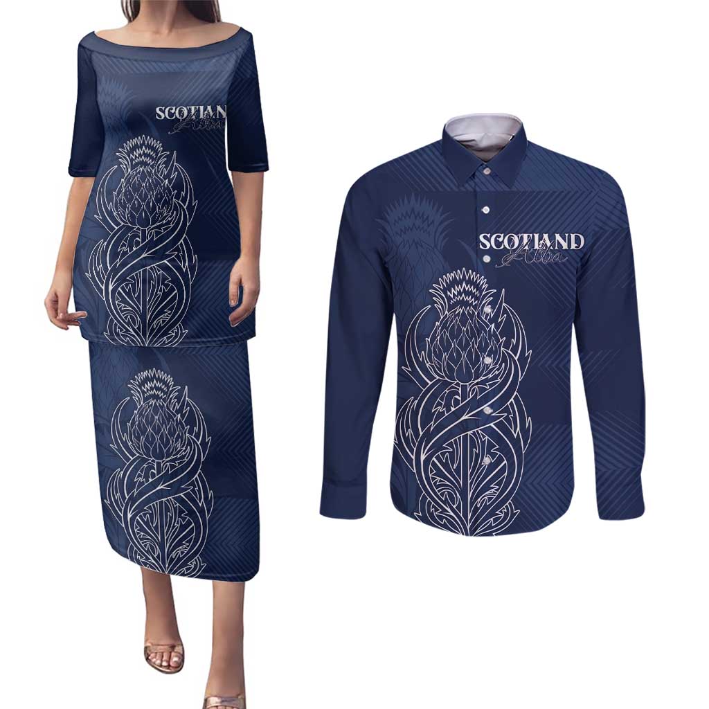 Scotland Rugby Personalized Couples Matching Puletasi and Long Sleeve Button Shirt Thistle Royal Style