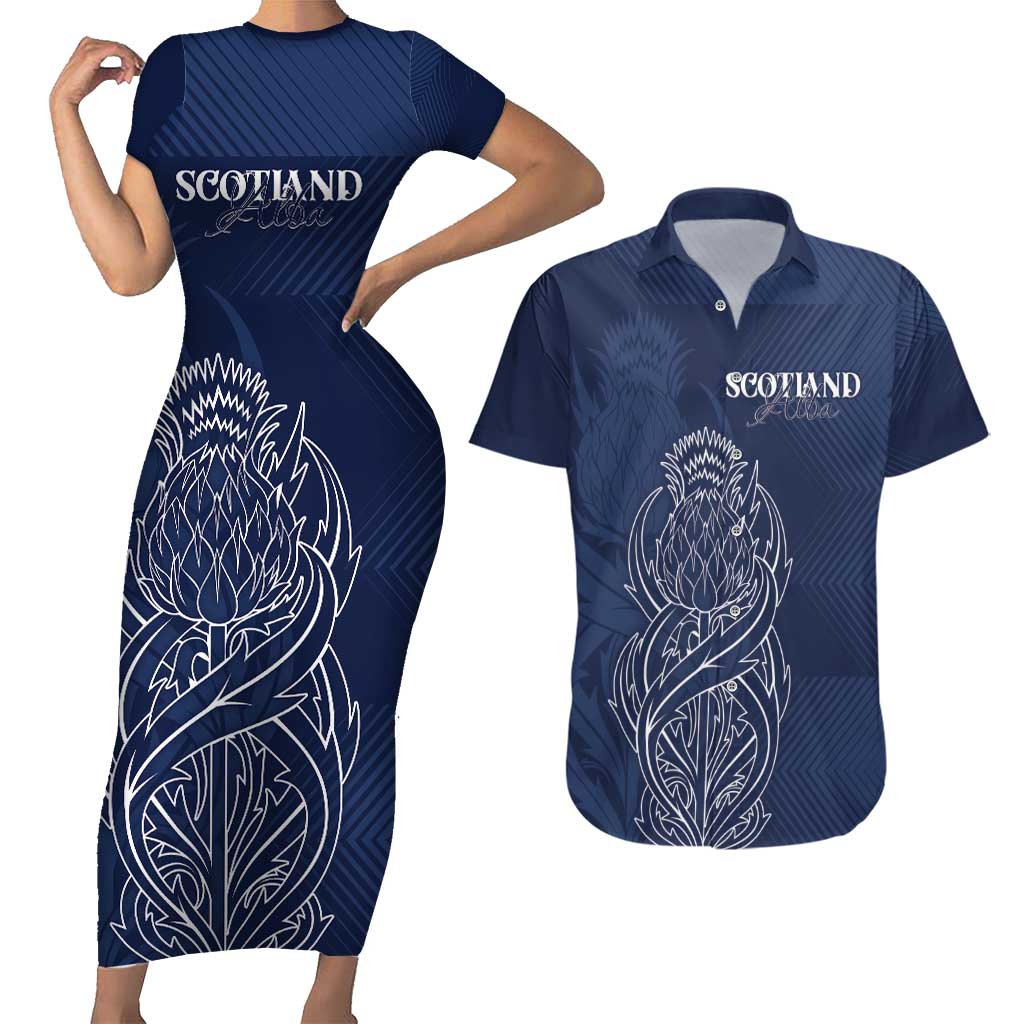 Scotland Rugby Personalized Couples Matching Short Sleeve Bodycon Dress and Hawaiian Shirt Thistle Royal Style