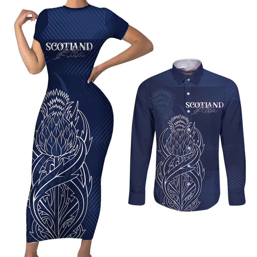 Scotland Rugby Personalized Couples Matching Short Sleeve Bodycon Dress and Long Sleeve Button Shirt Thistle Royal Style