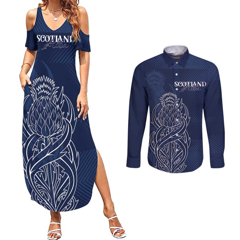 Scotland Rugby Personalized Couples Matching Summer Maxi Dress and Long Sleeve Button Shirt Thistle Royal Style