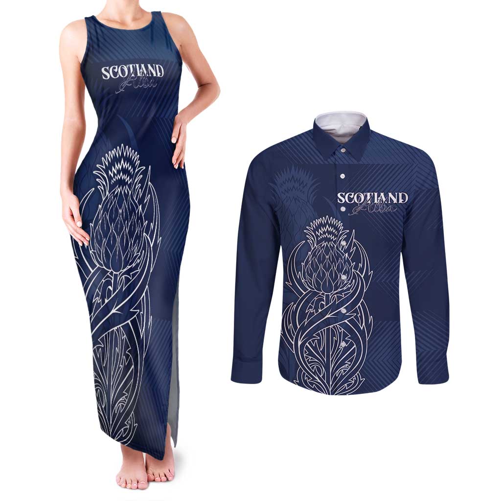 Scotland Rugby Personalized Couples Matching Tank Maxi Dress and Long Sleeve Button Shirt Thistle Royal Style