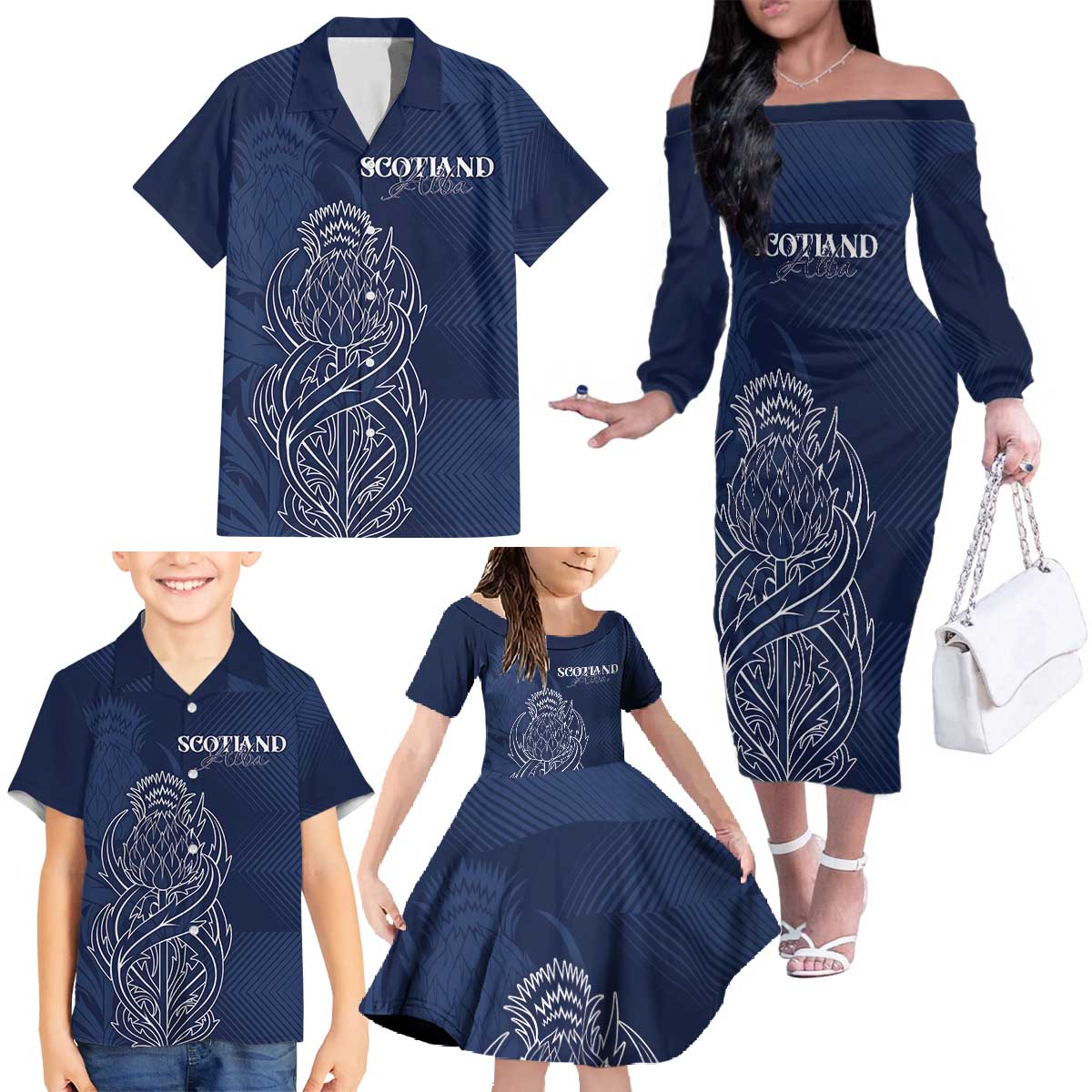Scotland Rugby Personalized Family Matching Off The Shoulder Long Sleeve Dress and Hawaiian Shirt Thistle Royal Style