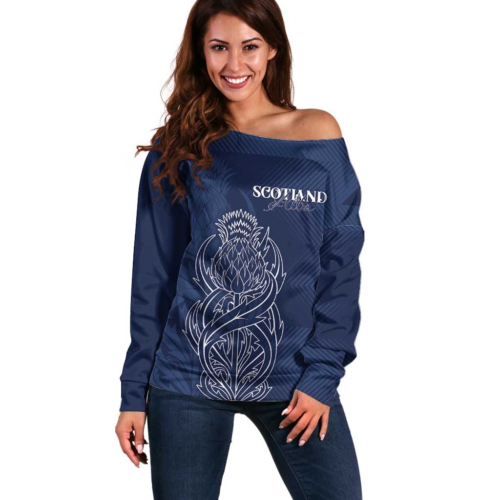 Scotland Rugby Personalized Off Shoulder Sweater Thistle Royal Style