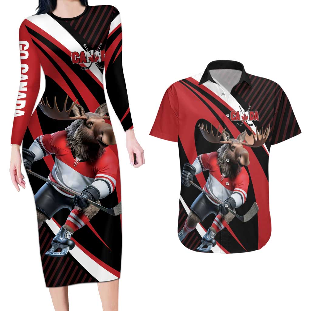 Canada Hockey Personalized Couples Matching Long Sleeve Bodycon Dress and Hawaiian Shirt Go Canada Go