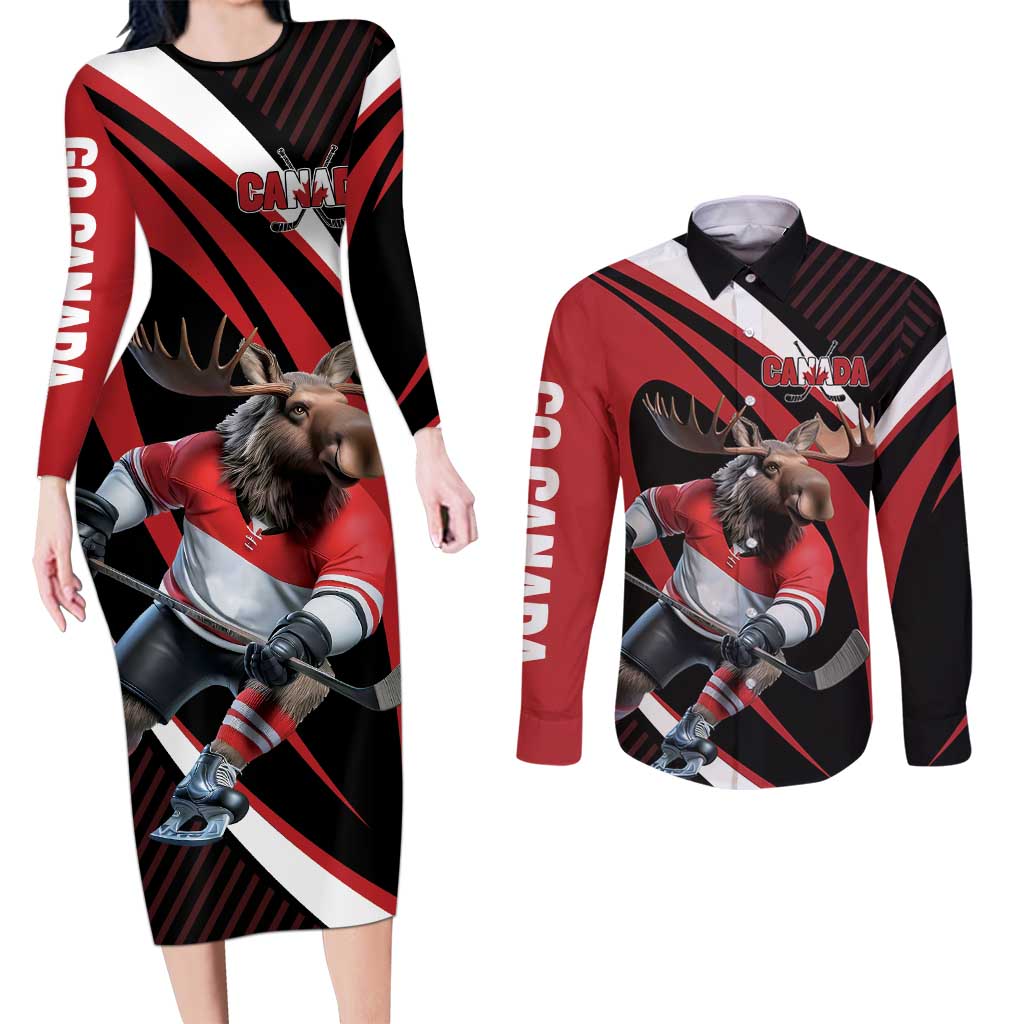 Canada Hockey Personalized Couples Matching Long Sleeve Bodycon Dress and Long Sleeve Button Shirt Go Canada Go