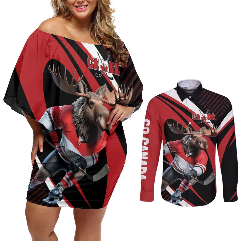 Canada Hockey Personalized Couples Matching Off Shoulder Short Dress and Long Sleeve Button Shirt Go Canada Go