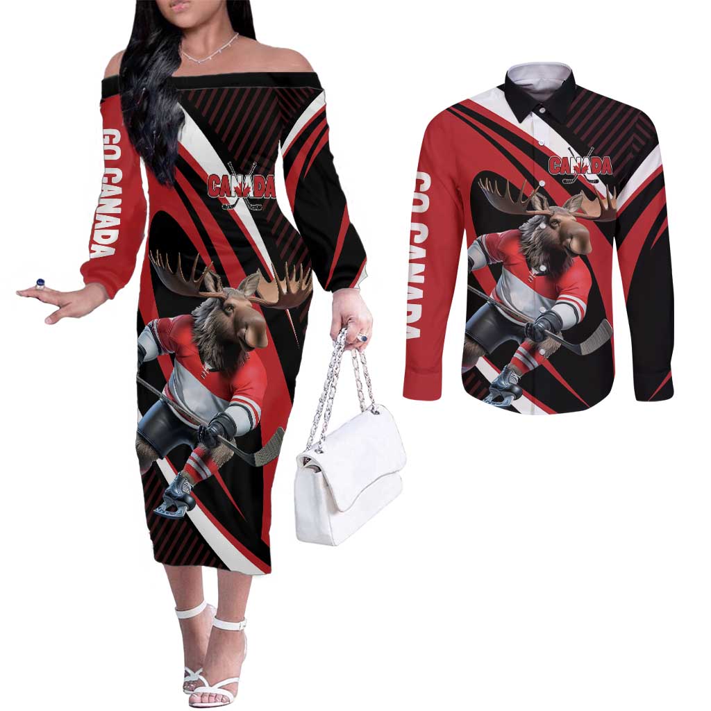Canada Hockey Personalized Couples Matching Off The Shoulder Long Sleeve Dress and Long Sleeve Button Shirt Go Canada Go