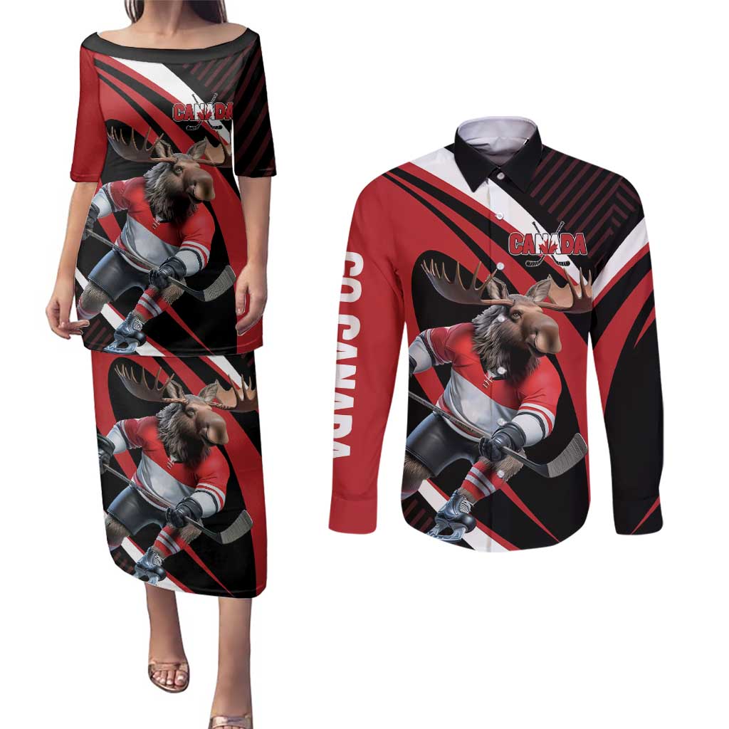 Canada Hockey Personalized Couples Matching Puletasi and Long Sleeve Button Shirt Go Canada Go