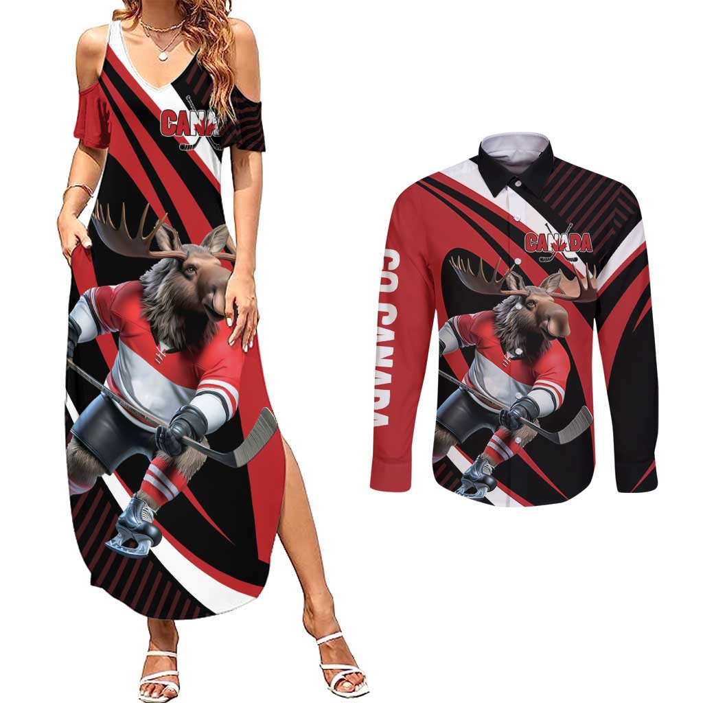 Canada Hockey Personalized Couples Matching Summer Maxi Dress and Long Sleeve Button Shirt Go Canada Go