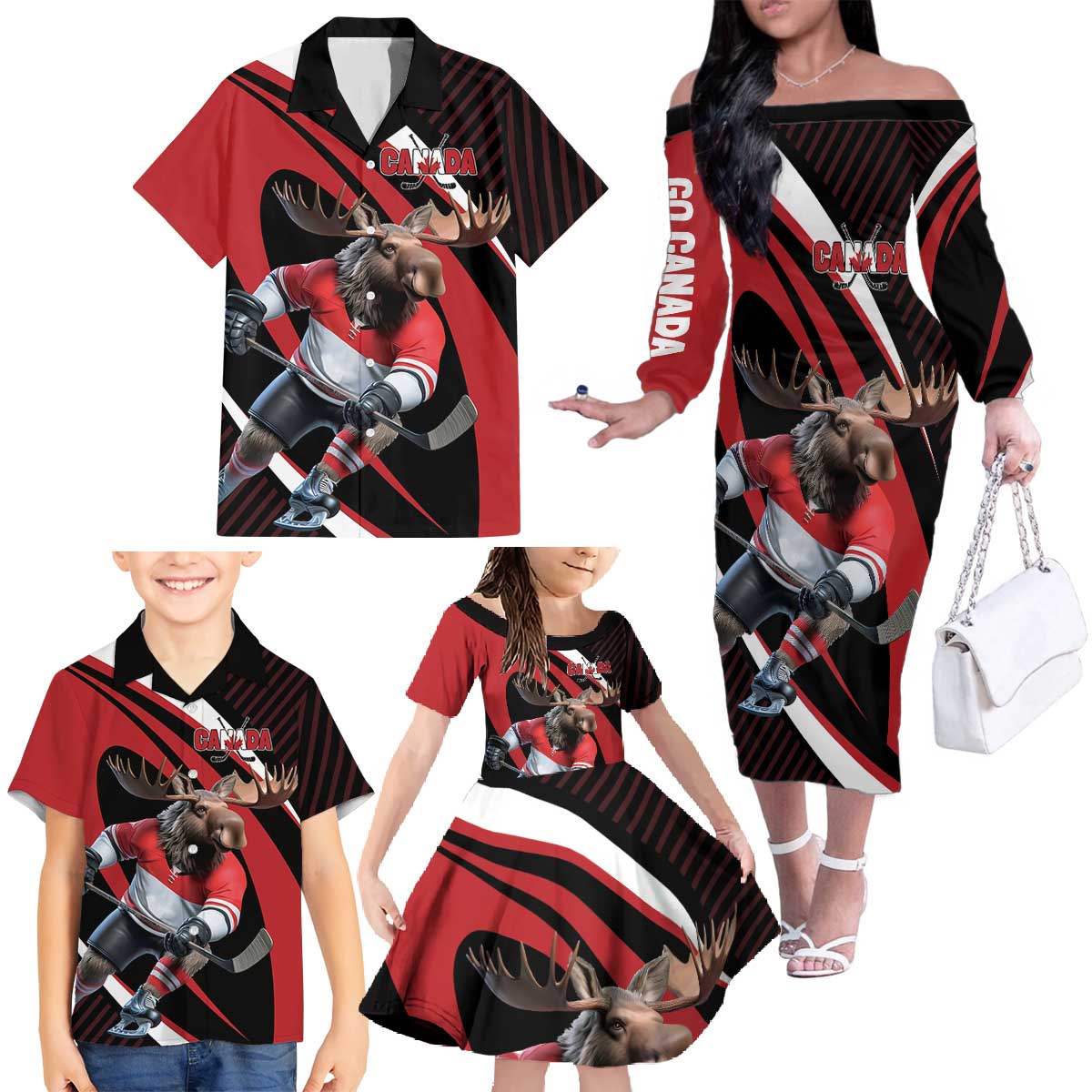 Canada Hockey Personalized Family Matching Off The Shoulder Long Sleeve Dress and Hawaiian Shirt Go Canada Go
