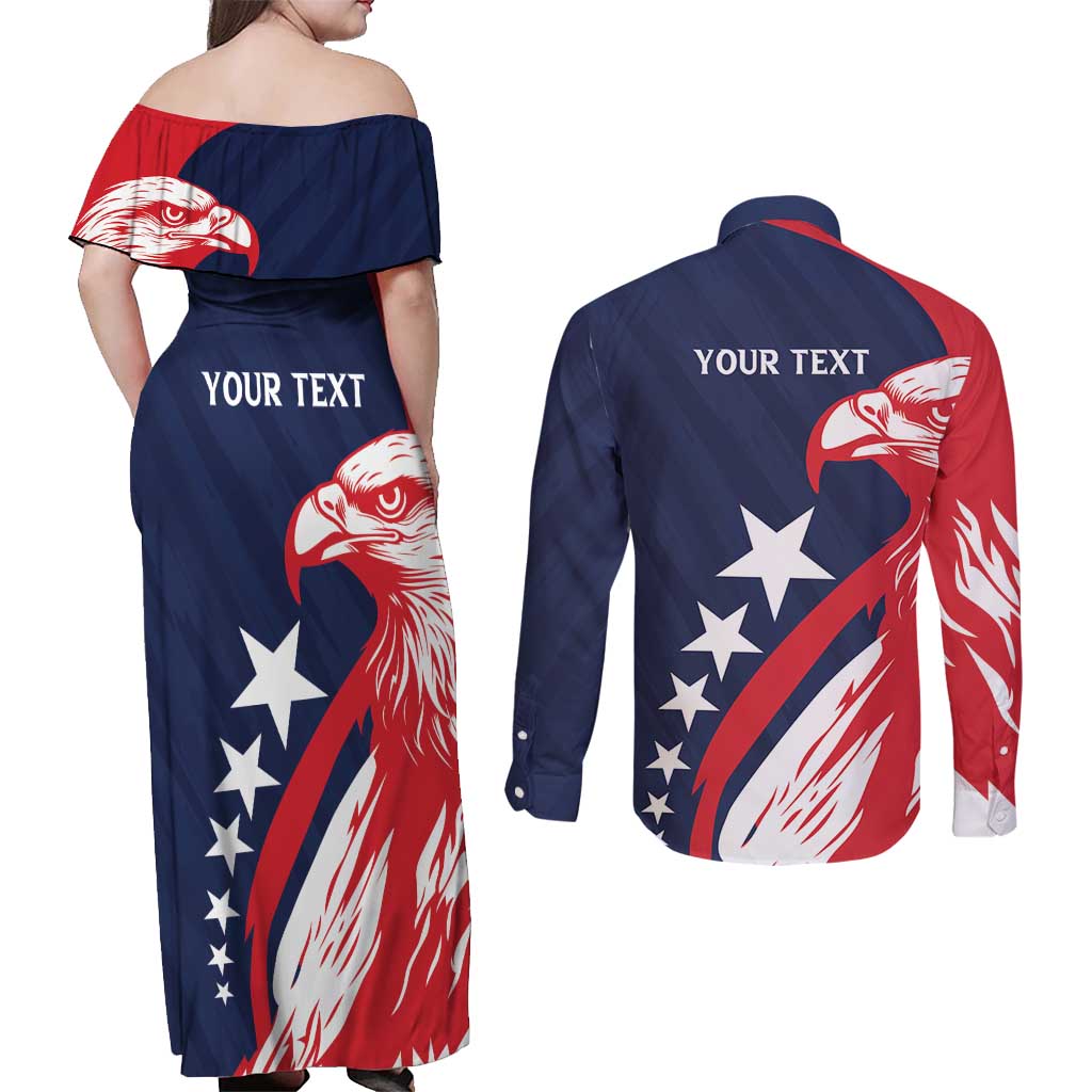 USA Hockey Personalized Eagle Couples Matching Off Shoulder Maxi Dress and Long Sleeve Button Shirt Shoot For The Stars