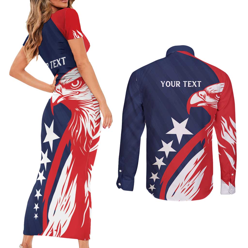 USA Hockey Personalized Eagle Couples Matching Short Sleeve Bodycon Dress and Long Sleeve Button Shirt Shoot For The Stars