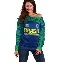 Personalised Brazil Football Off Shoulder Sweater Women's WC 2023 Selecao - Wonder Print Shop