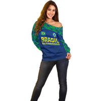Personalised Brazil Football Off Shoulder Sweater Women's WC 2023 Selecao - Wonder Print Shop