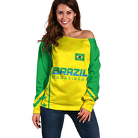 Personalised Brazil Football Off Shoulder Sweater Women's WC 2023 Canarinhas - Wonder Print Shop