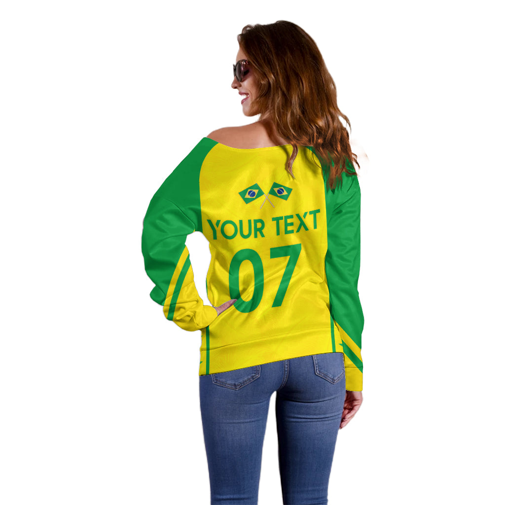 Personalised Brazil Football Off Shoulder Sweater Women's WC 2023 Canarinhas - Wonder Print Shop