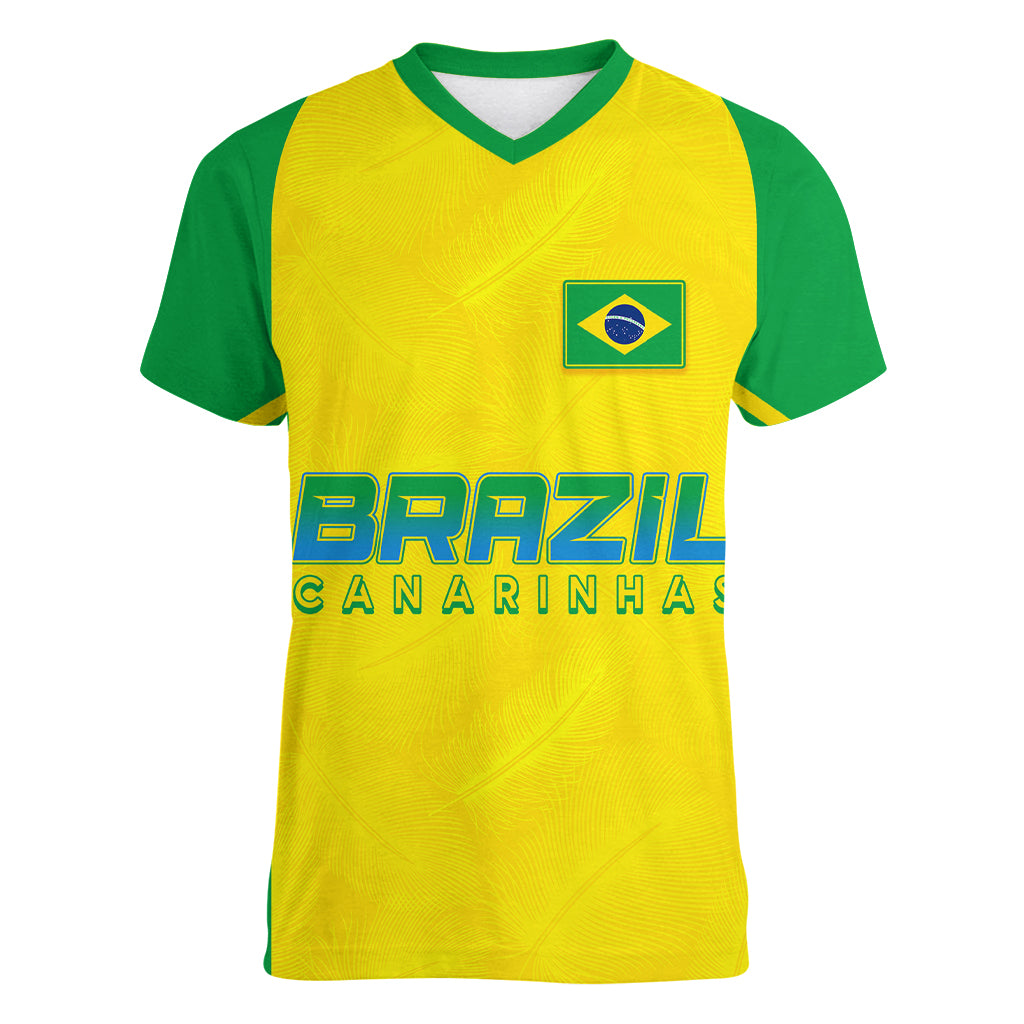 Personalised Brazil Football Women V Neck T Shirt Women's WC 2023 Canarinhas - Wonder Print Shop