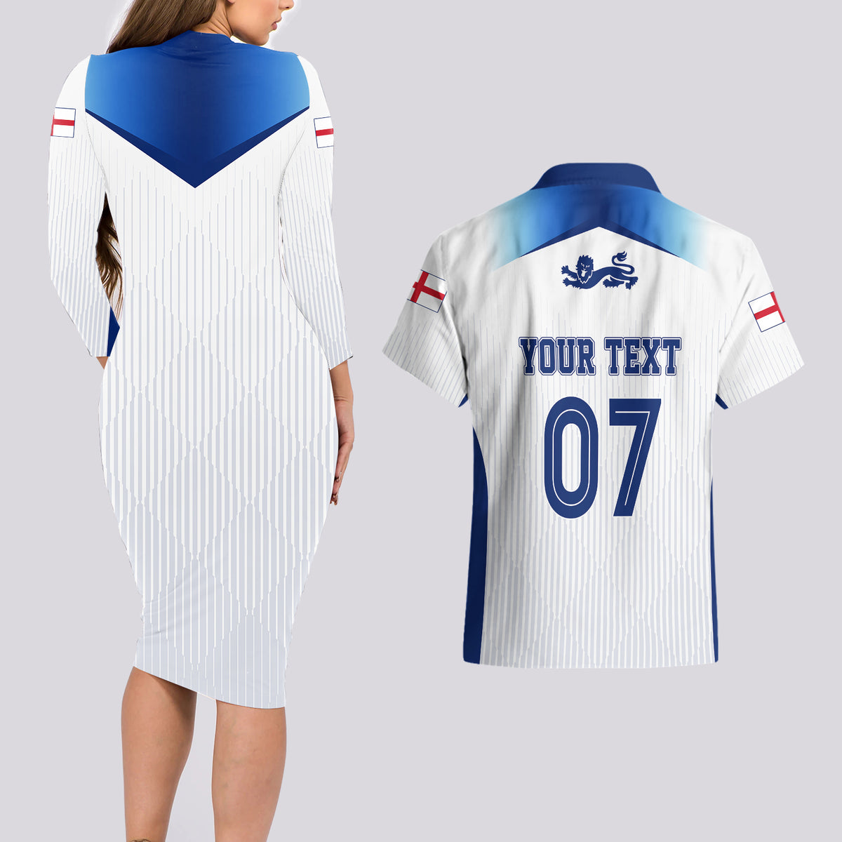 Personalised England Football Couples Matching Long Sleeve Bodycon Dress and Hawaiian Shirt The Lionesses Women World Cup 2023 LT7 - Wonder Print Shop