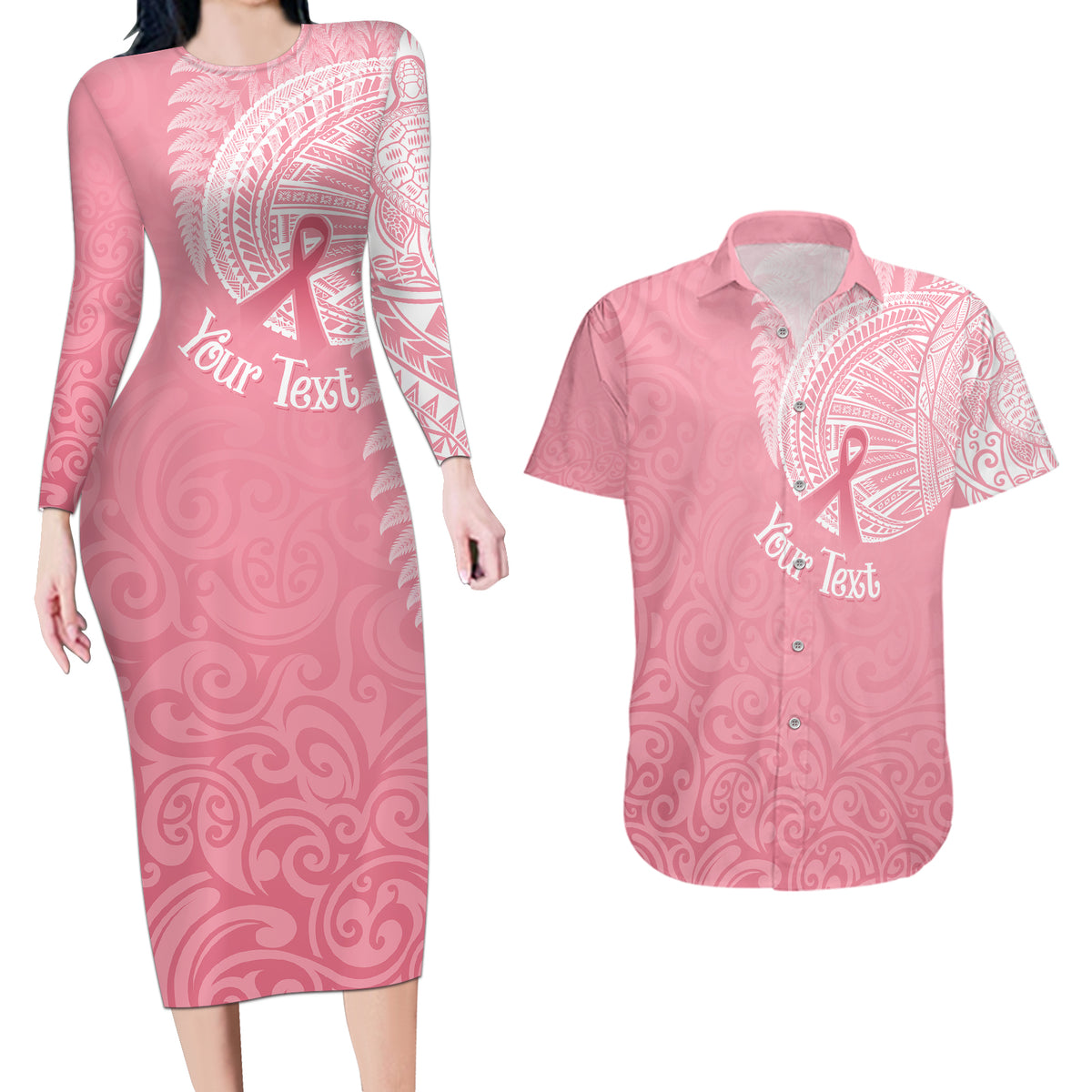 Personalised New Zealand Couples Matching Long Sleeve Bodycon Dress and Hawaiian Shirt Pink Ribbon Tattoo Mix Silver Fern LT7 - Wonder Print Shop