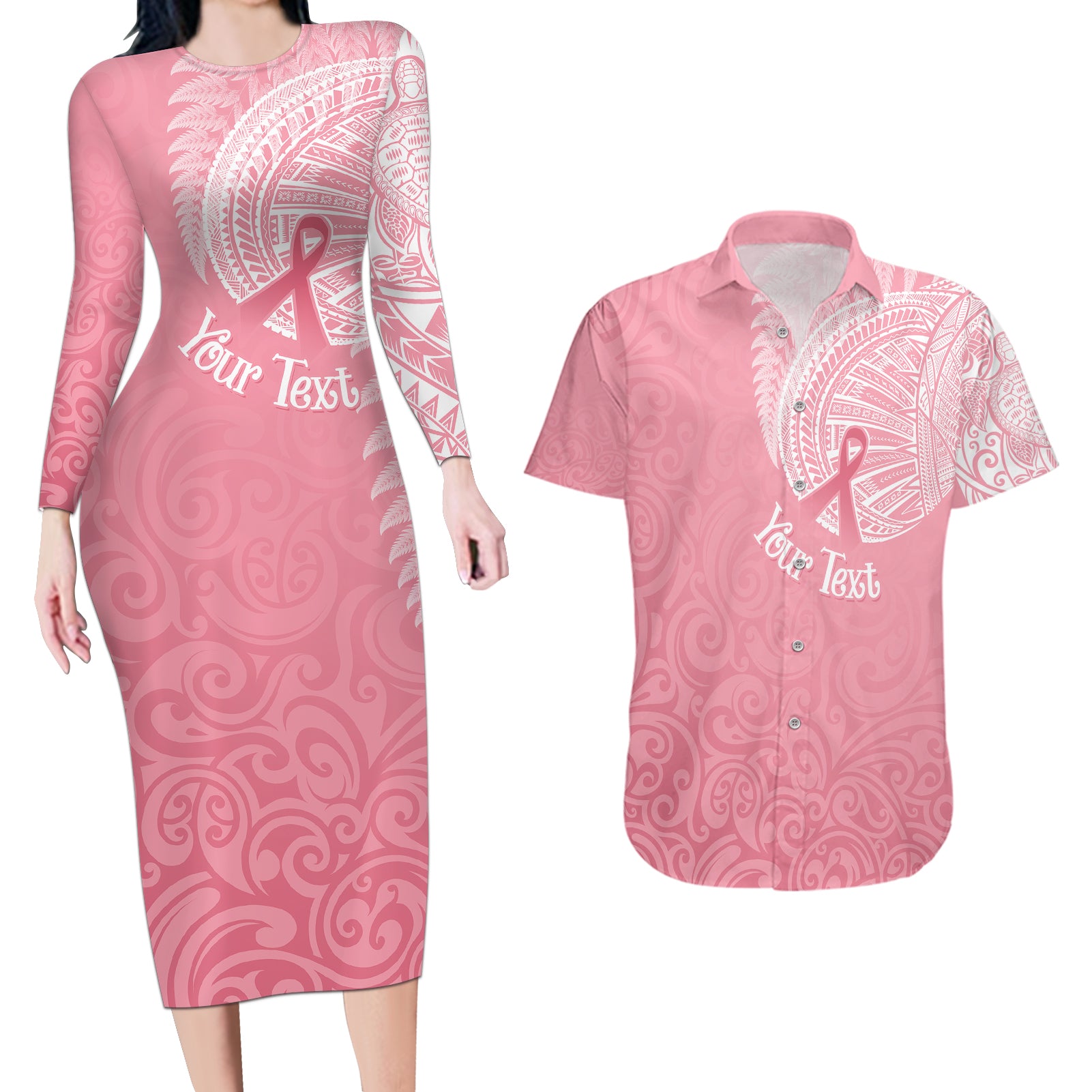 Personalised New Zealand Couples Matching Long Sleeve Bodycon Dress and Hawaiian Shirt Pink Ribbon Tattoo Mix Silver Fern LT7 - Wonder Print Shop