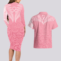 Personalised New Zealand Couples Matching Long Sleeve Bodycon Dress and Hawaiian Shirt Pink Ribbon Tattoo Mix Silver Fern LT7 - Wonder Print Shop