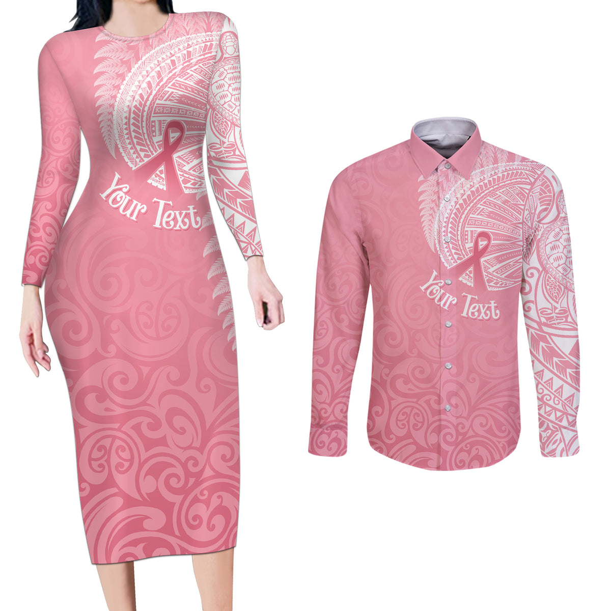 Personalised New Zealand Couples Matching Long Sleeve Bodycon Dress and Long Sleeve Button Shirts Pink Ribbon Tattoo Mix Silver Fern LT7 - Wonder Print Shop