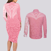Personalised New Zealand Couples Matching Long Sleeve Bodycon Dress and Long Sleeve Button Shirts Pink Ribbon Tattoo Mix Silver Fern LT7 - Wonder Print Shop