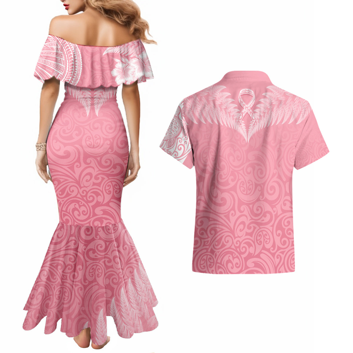Personalised New Zealand Couples Matching Mermaid Dress and Hawaiian Shirt Pink Ribbon Tattoo Mix Silver Fern LT7 - Wonder Print Shop