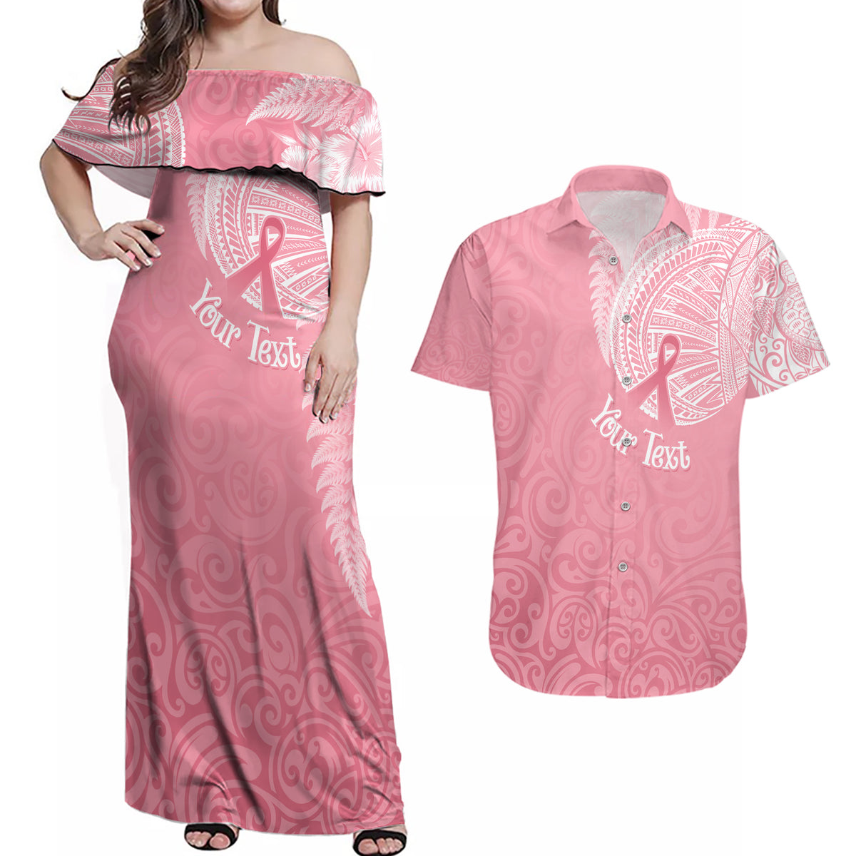 Personalised New Zealand Couples Matching Off Shoulder Maxi Dress and Hawaiian Shirt Pink Ribbon Tattoo Mix Silver Fern LT7 - Wonder Print Shop