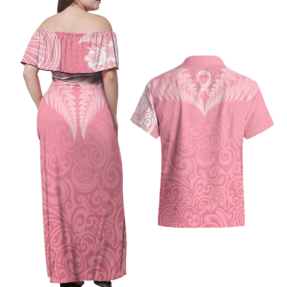 Personalised New Zealand Couples Matching Off Shoulder Maxi Dress and Hawaiian Shirt Pink Ribbon Tattoo Mix Silver Fern LT7 - Wonder Print Shop