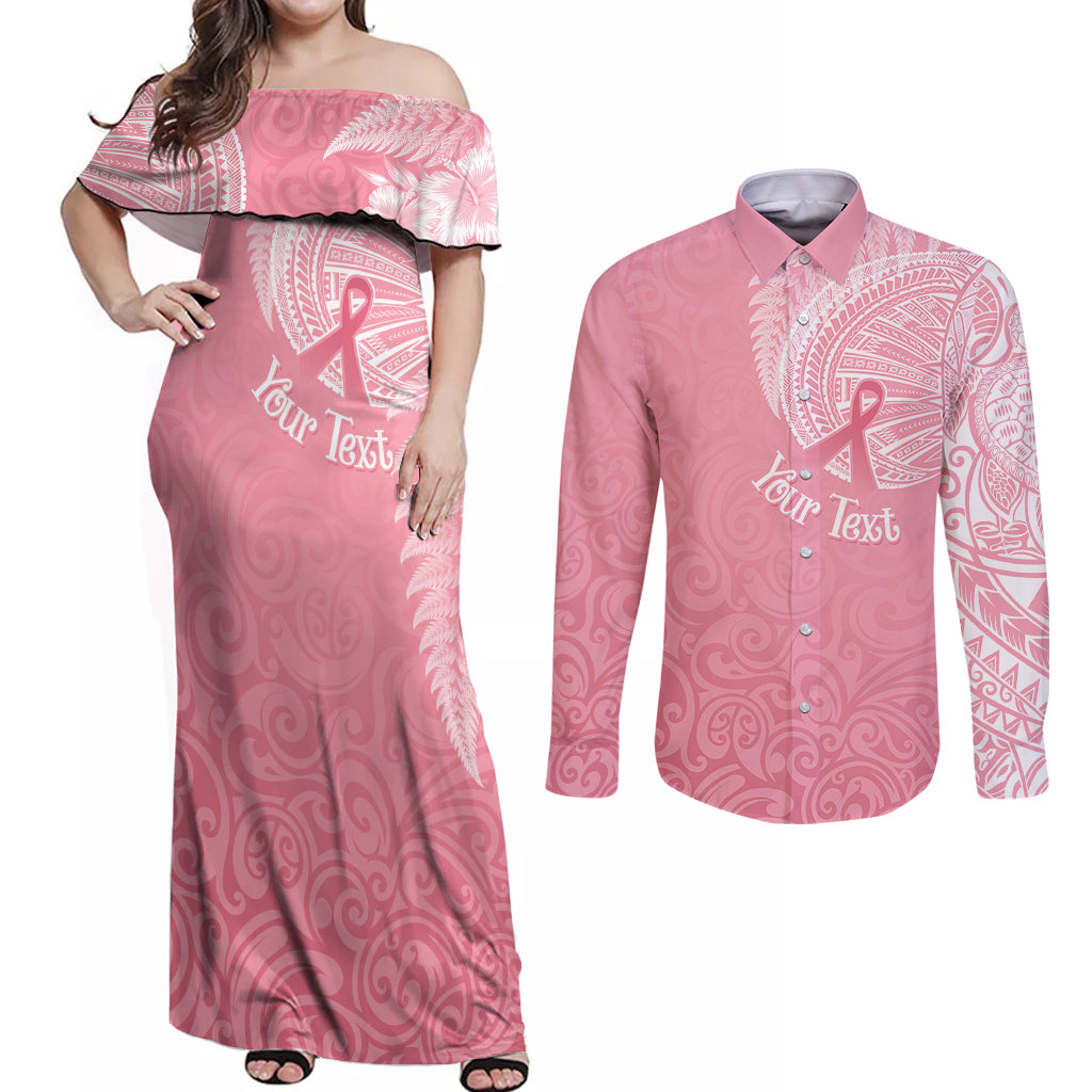 Personalised New Zealand Couples Matching Off Shoulder Maxi Dress and Long Sleeve Button Shirts Pink Ribbon Tattoo Mix Silver Fern LT7 - Wonder Print Shop