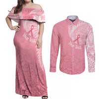 Personalised New Zealand Couples Matching Off Shoulder Maxi Dress and Long Sleeve Button Shirts Pink Ribbon Tattoo Mix Silver Fern LT7 - Wonder Print Shop